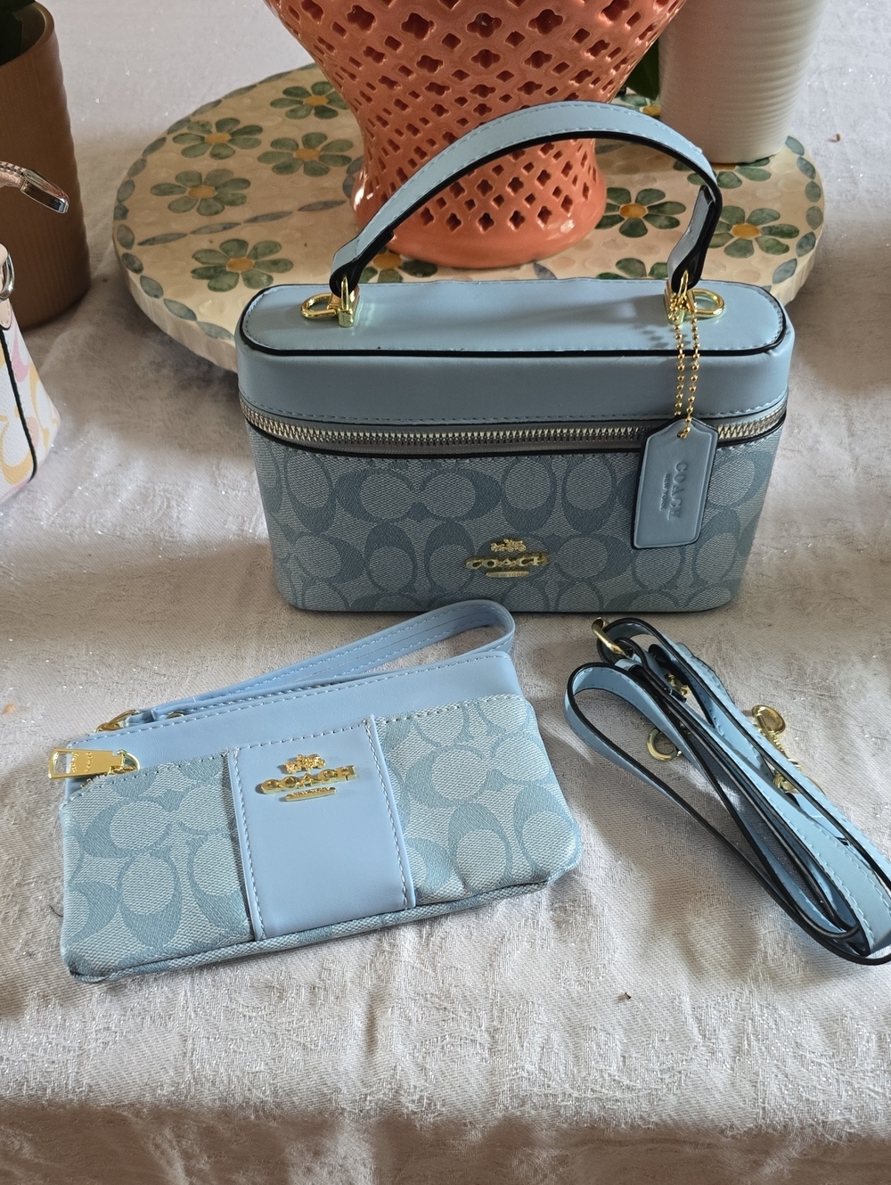 Coach Light Blue Signature Canvas Vanity Bag with Wristlet & Strap